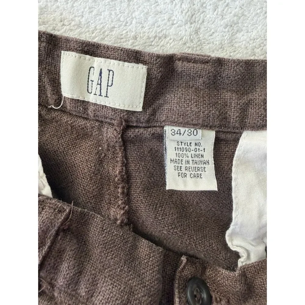Vintage Gap Pants 34x30 100% thick Linen Trouser Brown Flat tapered 90s Unisex